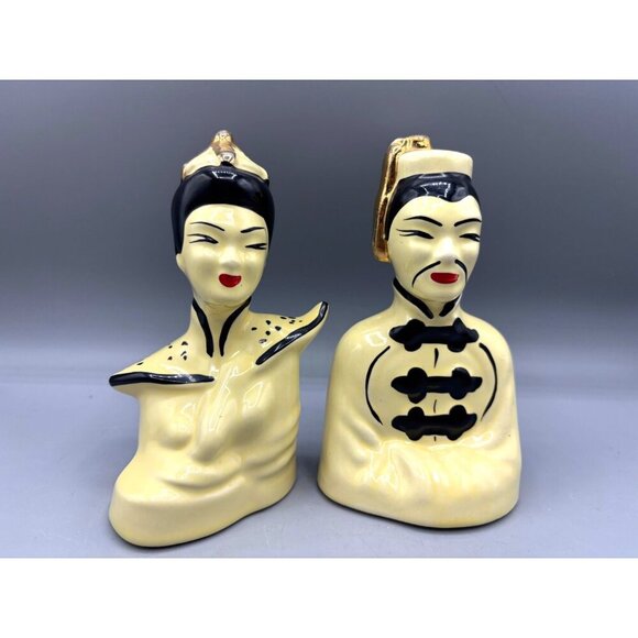 Vtg MCM Asian Ceramic Figurine Bust Pair Yellow Gold Accents - Picture 2 of 7